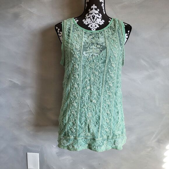 SUNDANCE Green Embroidered Mesh Lace Lined Tank Top Size Medium - Picture 2 of 10